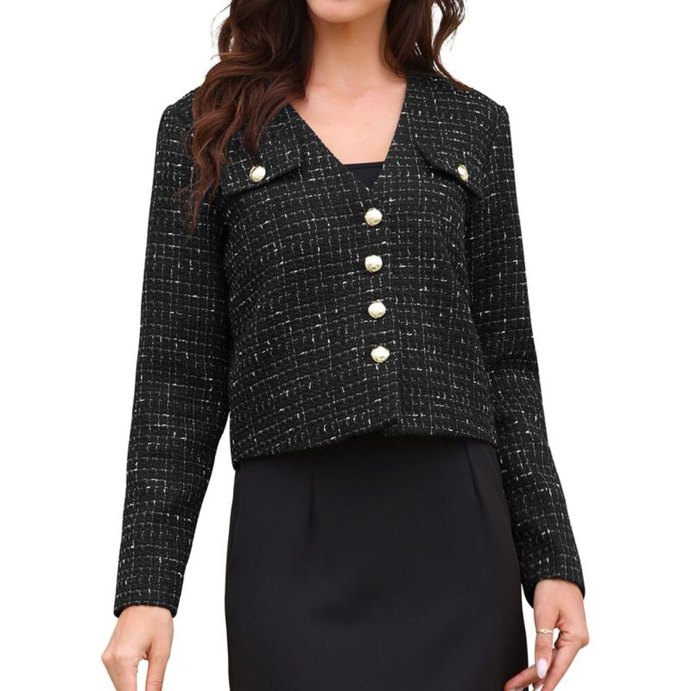 Women Collarless Business Casual Cropped Blazer Tweed Jacket Black